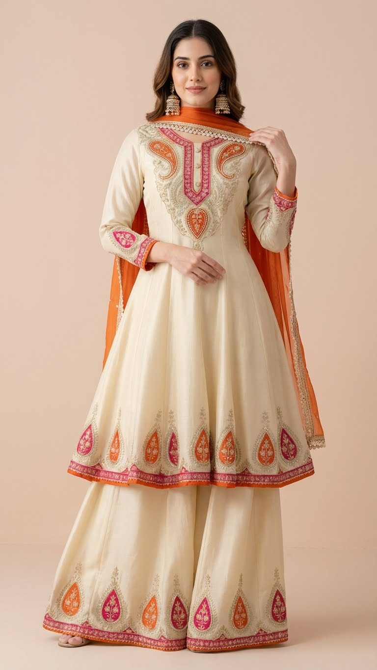 Ivory Cream & Orange Chinon Kalidar Anarkali Palazzo Set