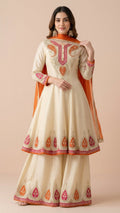 Ivory Cream & Orange Chinon Kalidar Anarkali Palazzo Set