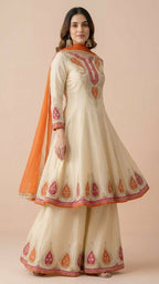 Ivory Cream & Orange Chinon Kalidar Anarkali Palazzo Set
