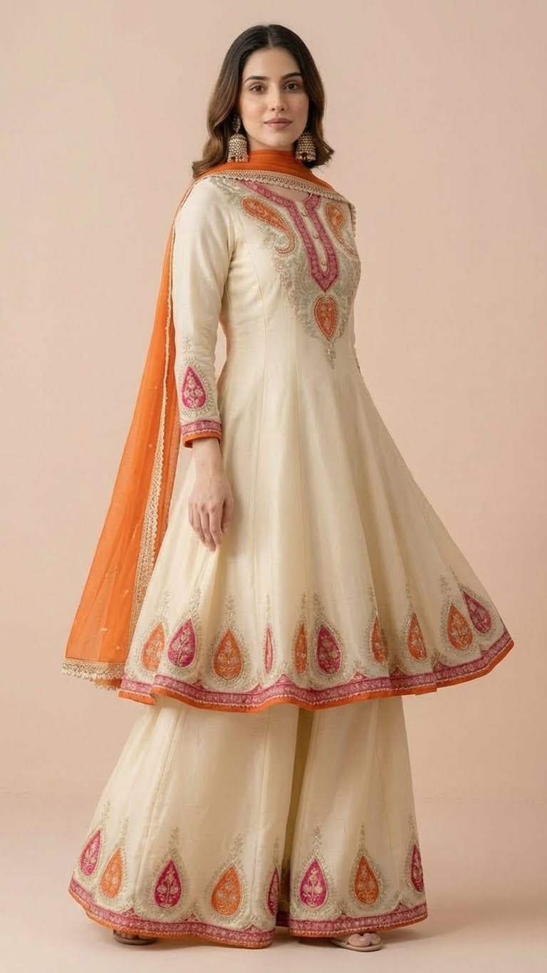 Ivory Cream & Orange Chinon Kalidar Anarkali Palazzo Set