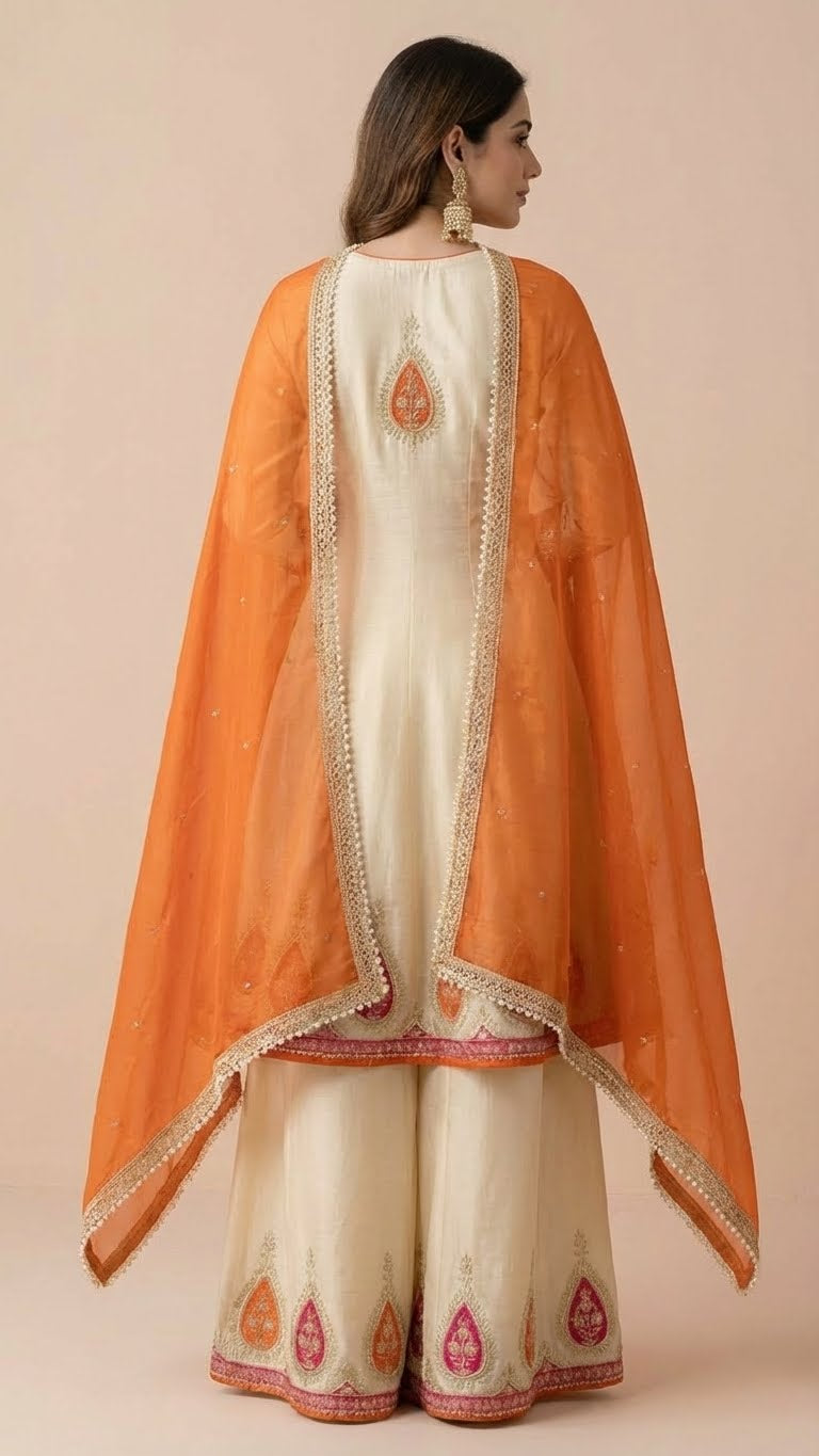 Ivory Cream & Orange Chinon Kalidar Anarkali Palazzo Set