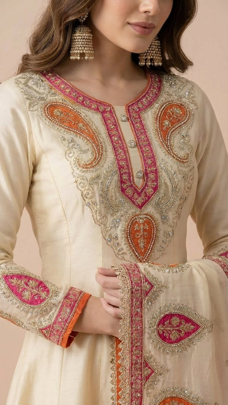 Ivory Cream & Orange Chinon Kalidar Anarkali Palazzo Set