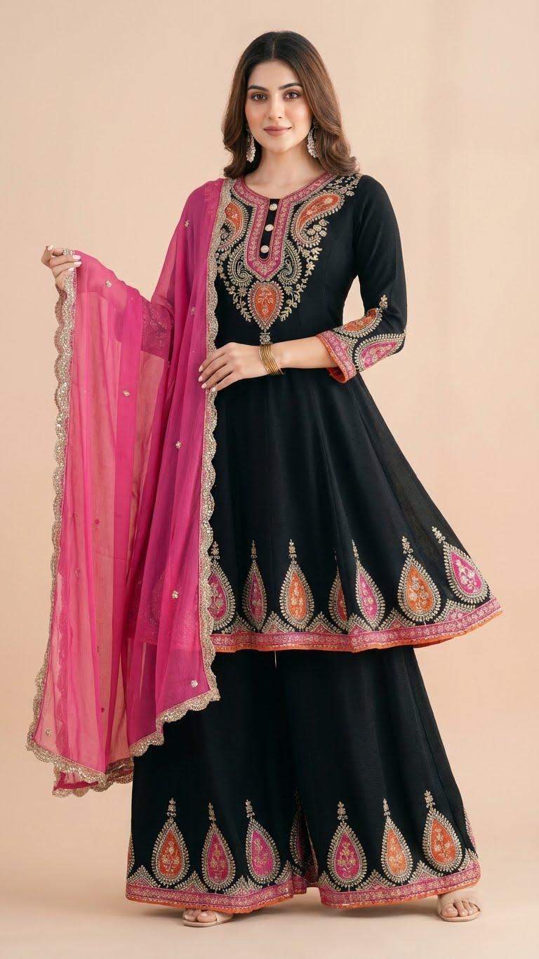 Black & Pink Chinon Kalidar Anarkali Palazzo Set