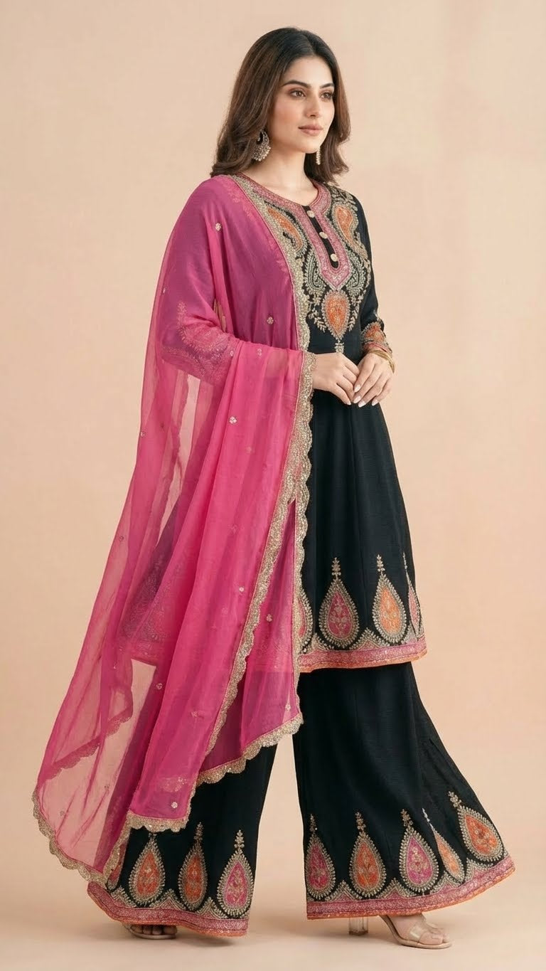 Black & Pink Chinon Kalidar Anarkali Palazzo Set