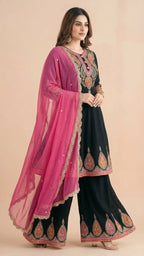 Black & Pink Chinon Kalidar Anarkali Palazzo Set