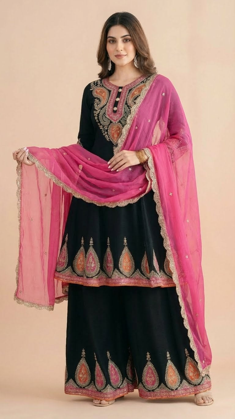 Black & Pink Chinon Kalidar Anarkali Palazzo Set