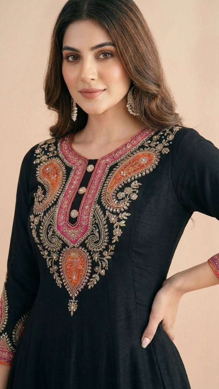 Black & Pink Chinon Kalidar Anarkali Palazzo Set