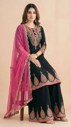 Black & Pink Chinon Kalidar Anarkali Palazzo Set