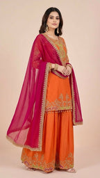 Vibrant Orange Chinon Suit Set with Magenta Dupatta
