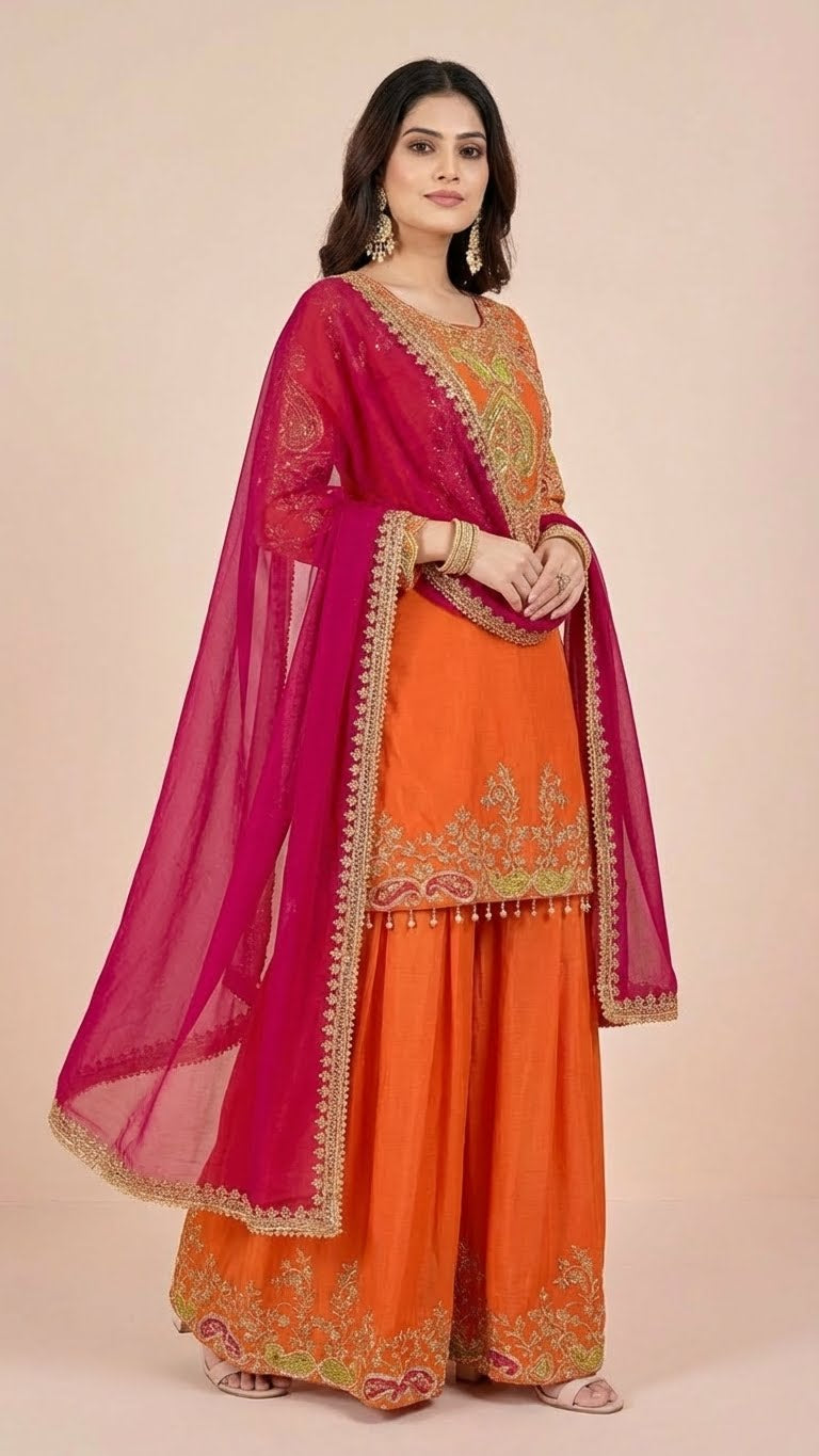 Vibrant Orange Chinon Suit Set with Magenta Dupatta