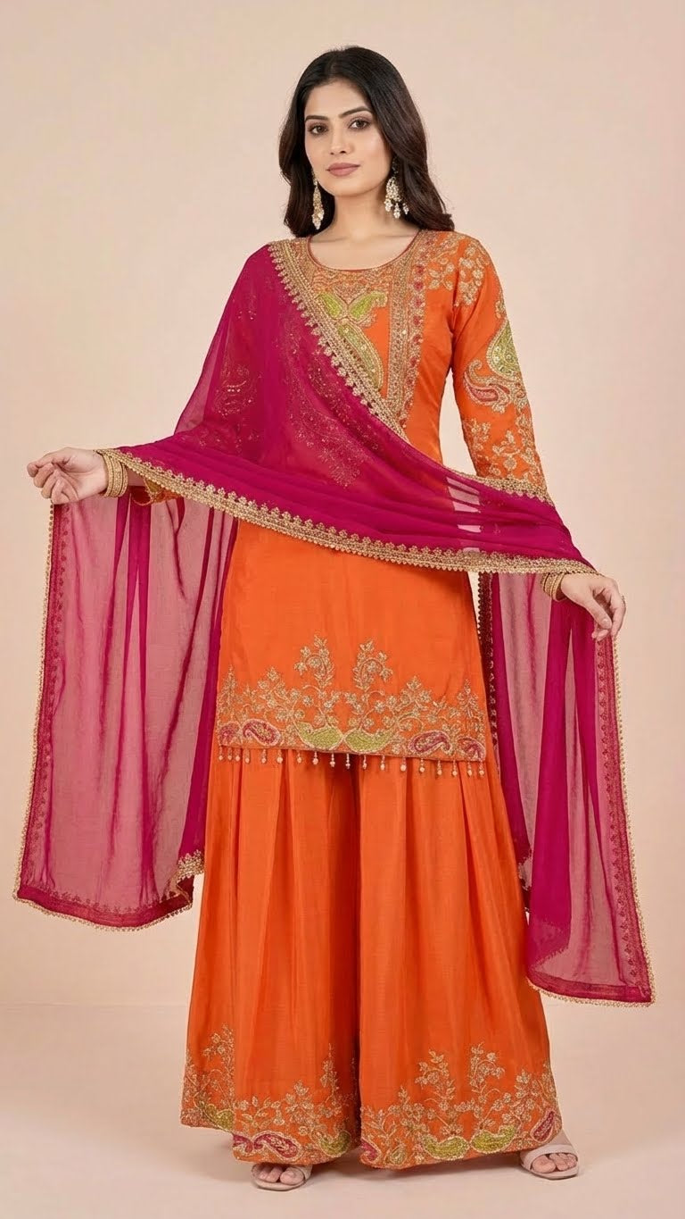 Vibrant Orange Chinon Suit Set with Magenta Dupatta