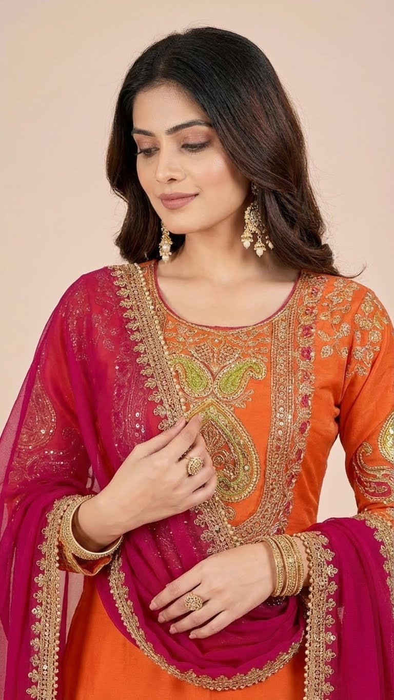 Vibrant Orange Chinon Suit Set with Magenta Dupatta