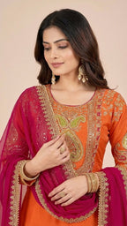 Vibrant Orange Chinon Suit Set with Magenta Dupatta