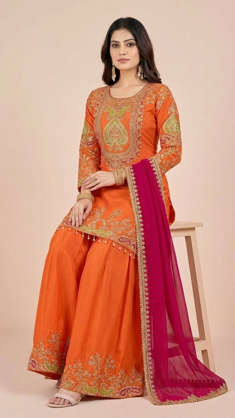 Vibrant Orange Chinon Suit Set with Magenta Dupatta