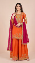 Vibrant Orange Chinon Suit Set with Magenta Dupatta