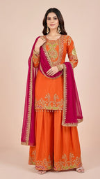 Vibrant Orange Chinon Suit Set with Magenta Dupatta