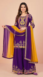 Deep Purple Chinon Suit Set with Mustard Yellow Dupatta