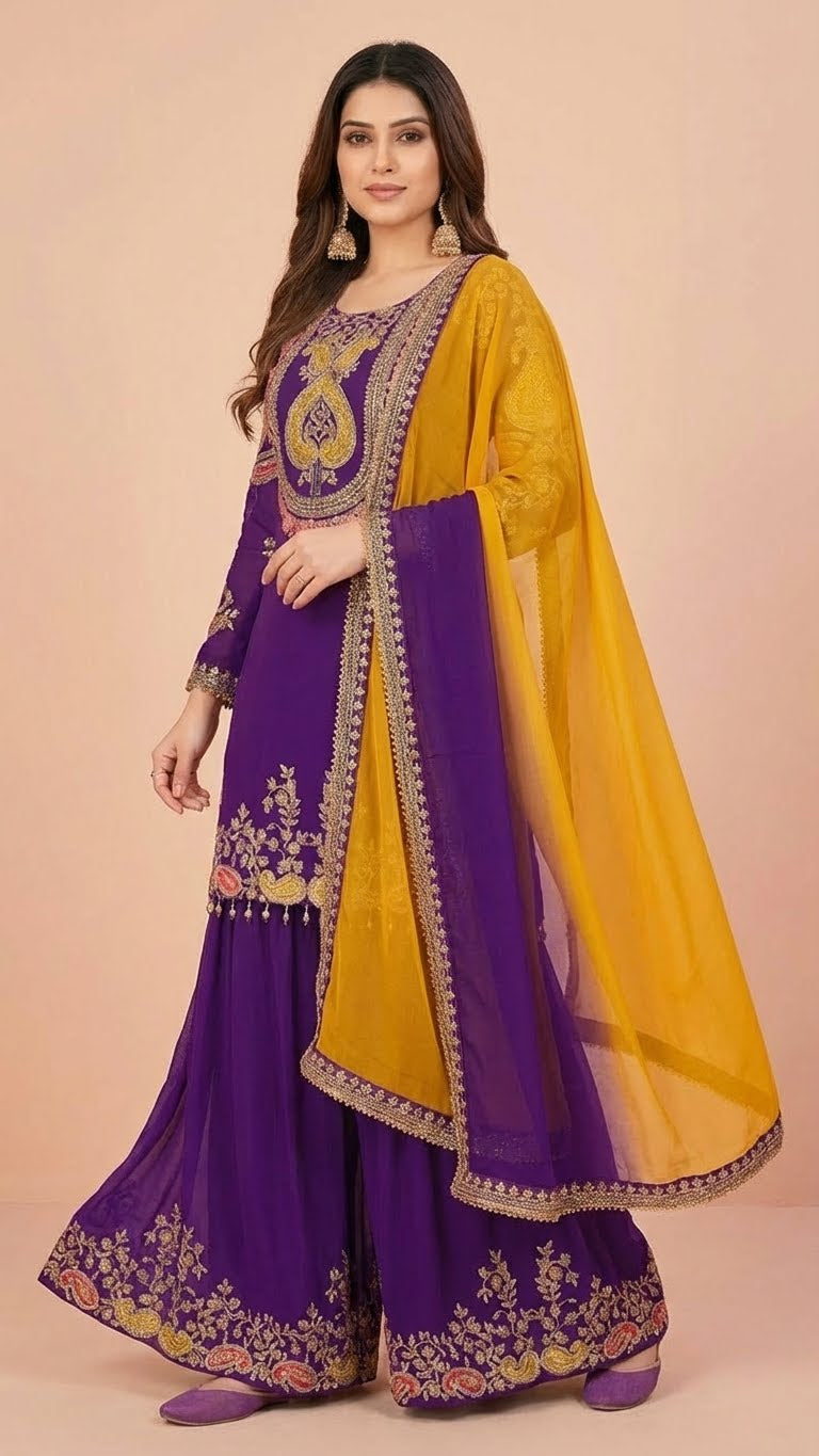 Deep Purple Chinon Suit Set with Mustard Yellow Dupatta