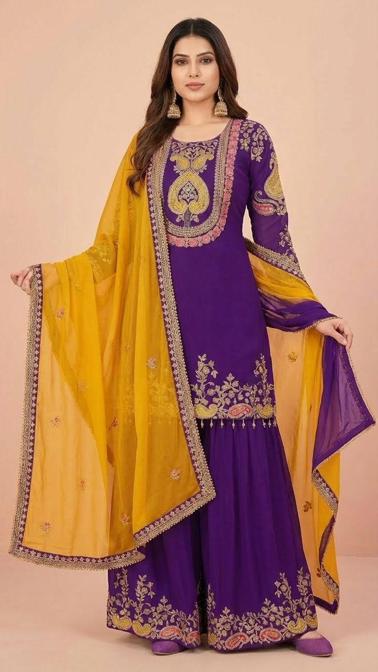 Deep Purple Chinon Suit Set with Mustard Yellow Dupatta