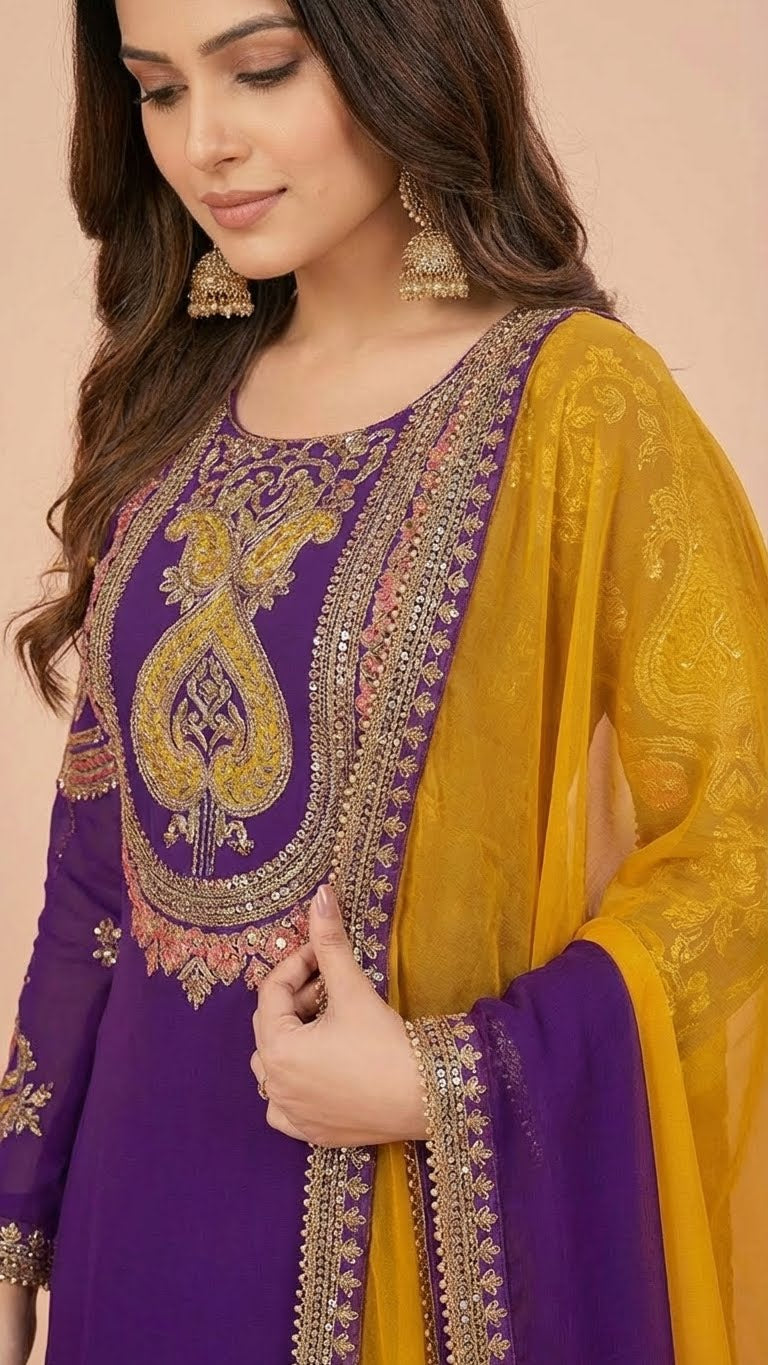 Deep Purple Chinon Suit Set with Mustard Yellow Dupatta