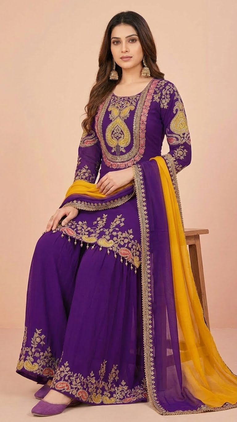 Deep Purple Chinon Suit Set with Mustard Yellow Dupatta