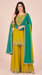 Lime Green Chinon Suit Set with Teal Green Dupatta