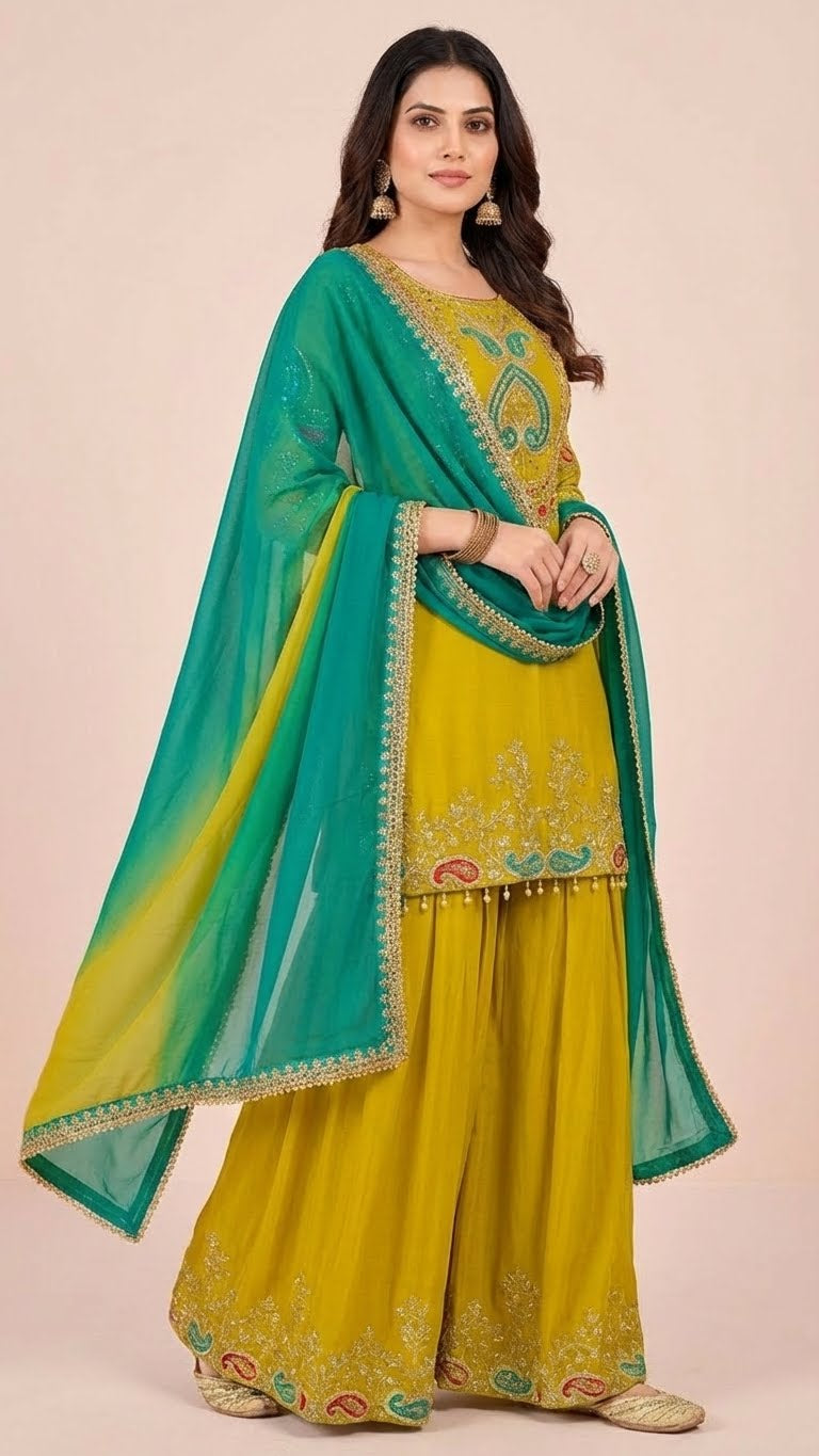 Lime Green Chinon Suit Set with Teal Green Dupatta