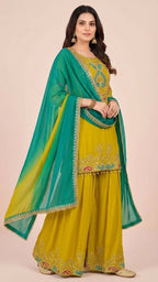 Lime Green Chinon Suit Set with Teal Green Dupatta