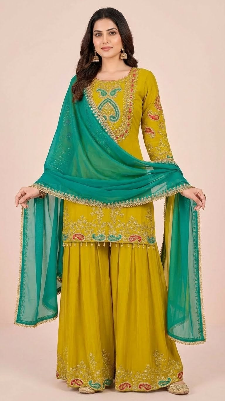 Lime Green Chinon Suit Set with Teal Green Dupatta