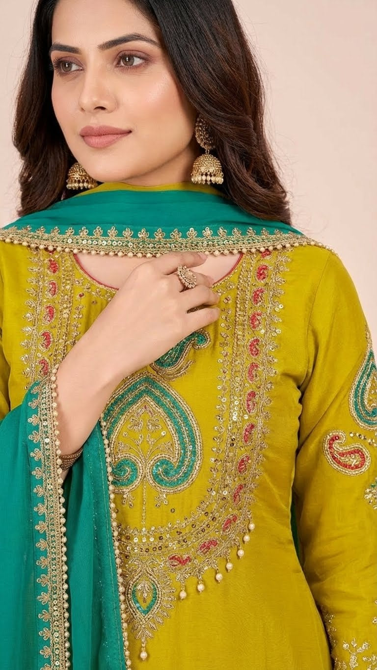 Lime Green Chinon Suit Set with Teal Green Dupatta