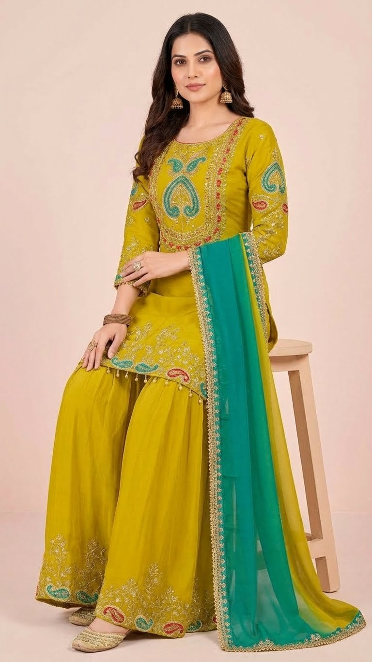 Lime Green Chinon Suit Set with Teal Green Dupatta