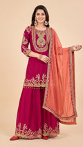 Deep Magenta Chinon Suit Set with Peach Dupatta