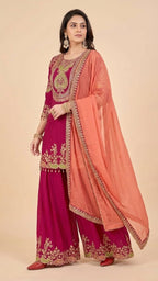 Deep Magenta Chinon Suit Set with Peach Dupatta