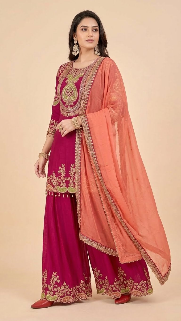 Deep Magenta Chinon Suit Set with Peach Dupatta