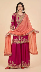 Deep Magenta Chinon Suit Set with Peach Dupatta