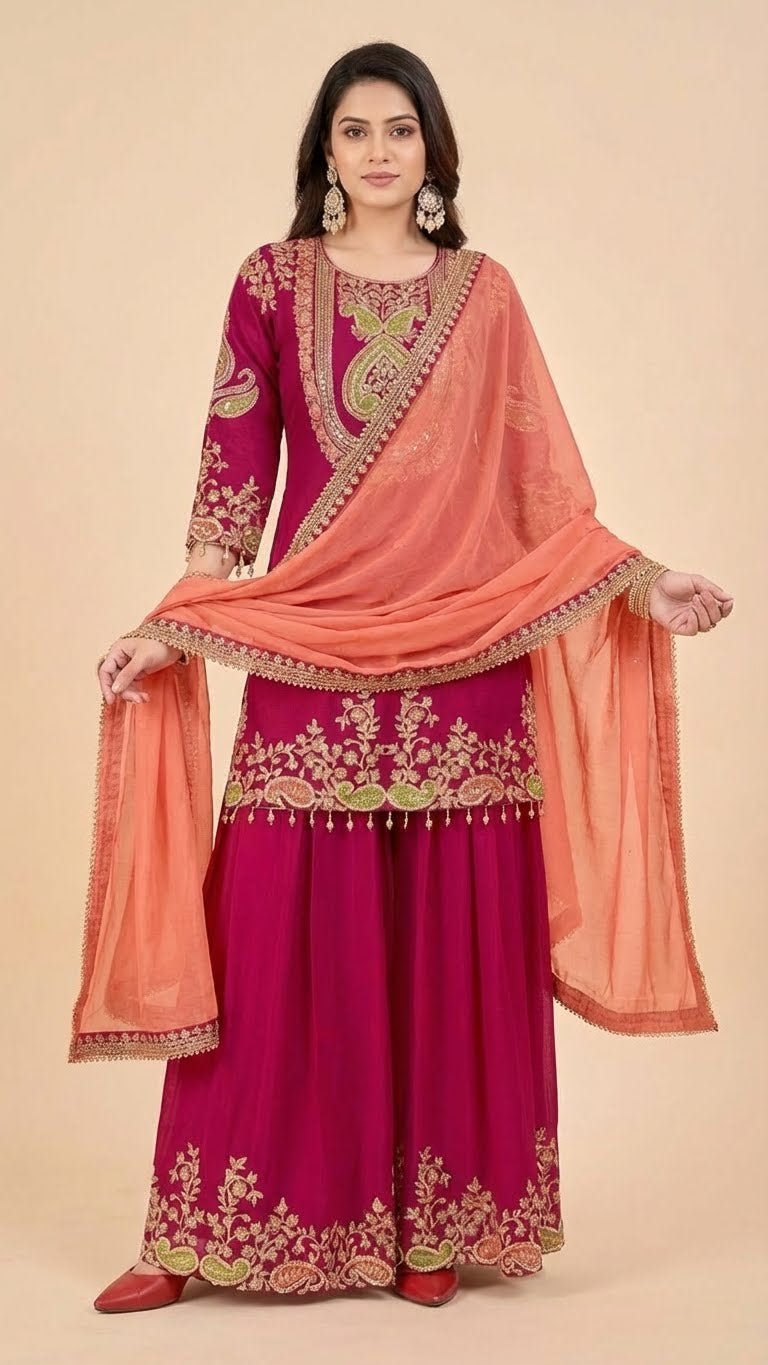 Deep Magenta Chinon Suit Set with Peach Dupatta