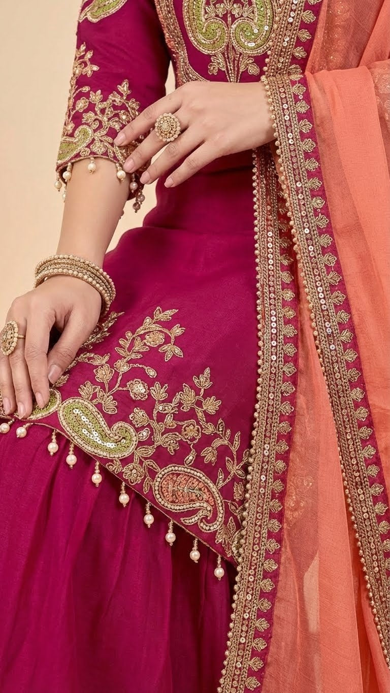 Deep Magenta Chinon Suit Set with Peach Dupatta