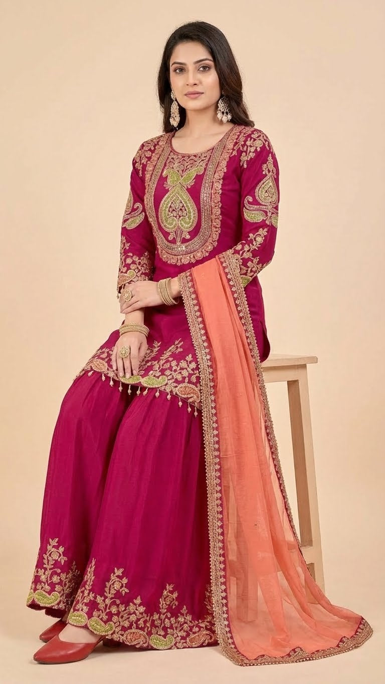 Deep Magenta Chinon Suit Set with Peach Dupatta
