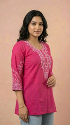Hot Pink Soft Cotton Short Kurti with Thread Embroidery