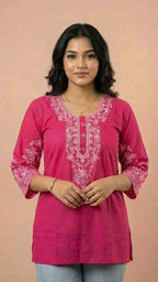 Hot Pink Soft Cotton Short Kurti with Thread Embroidery