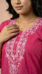 Hot Pink Soft Cotton Short Kurti with Thread Embroidery
