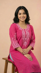 Hot Pink Soft Cotton Short Kurti with Thread Embroidery