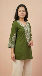 Olive Green Soft Cotton Short Kurti with Thread Embroidery