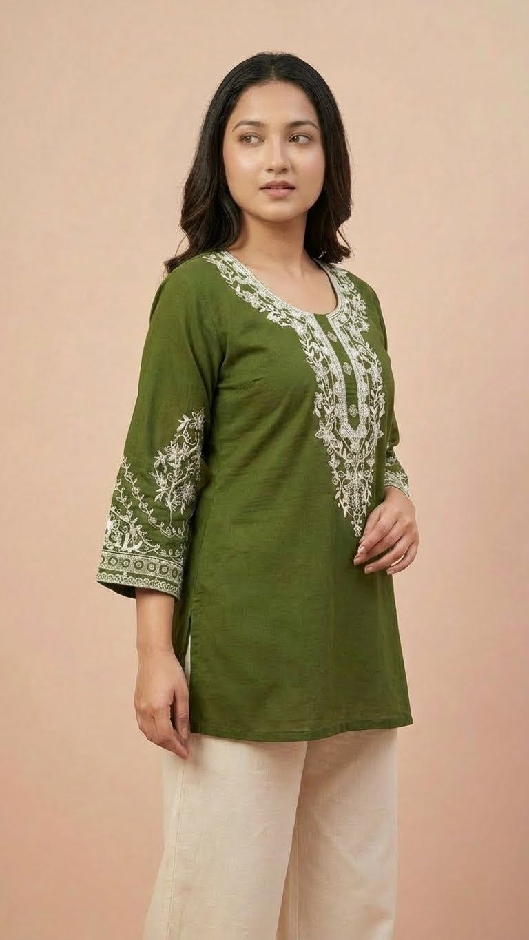Olive Green Soft Cotton Short Kurti with Thread Embroidery