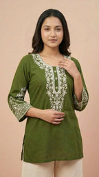 Olive Green Soft Cotton Short Kurti with Thread Embroidery