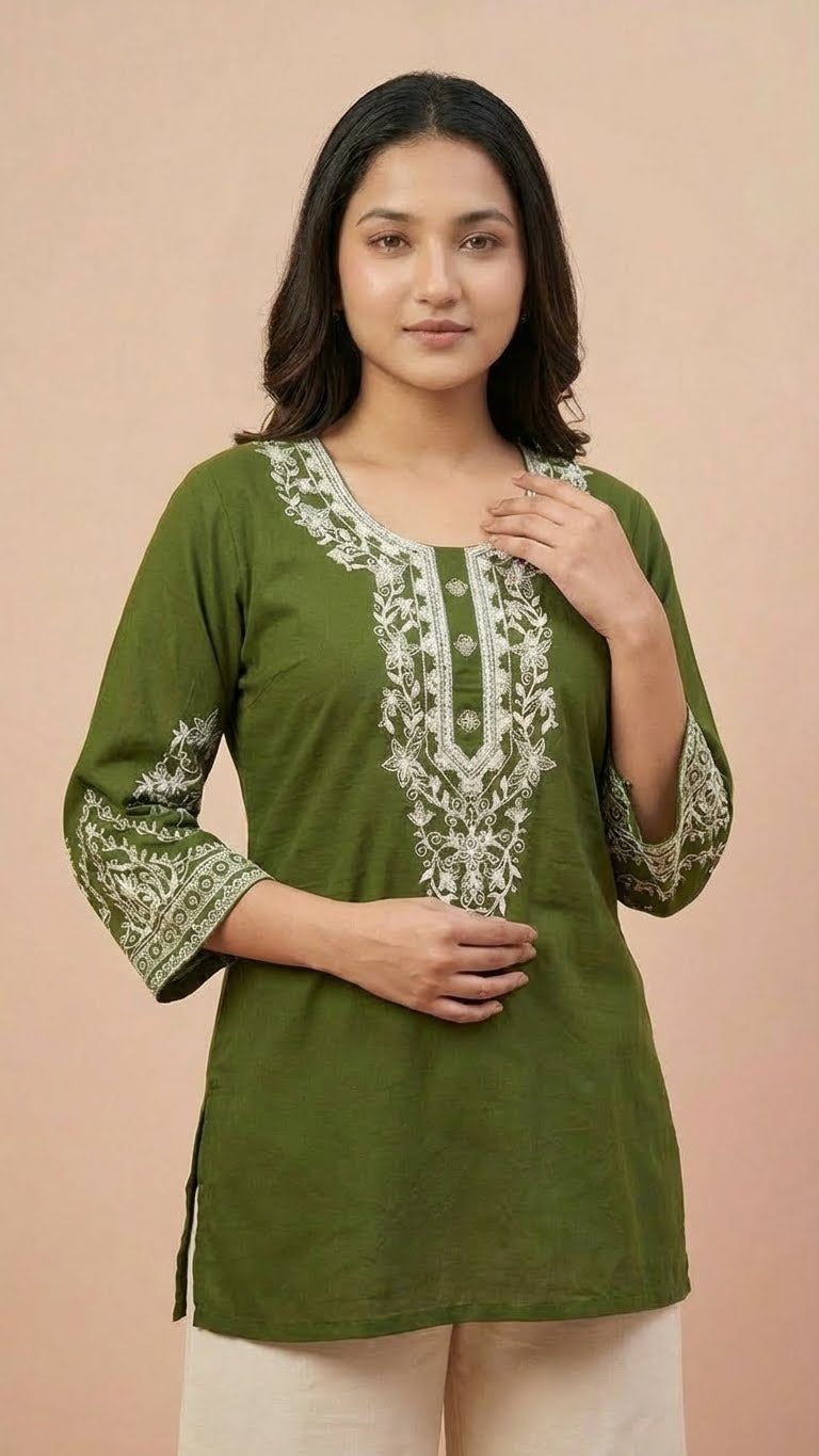 Olive Green Soft Cotton Short Kurti with Thread Embroidery