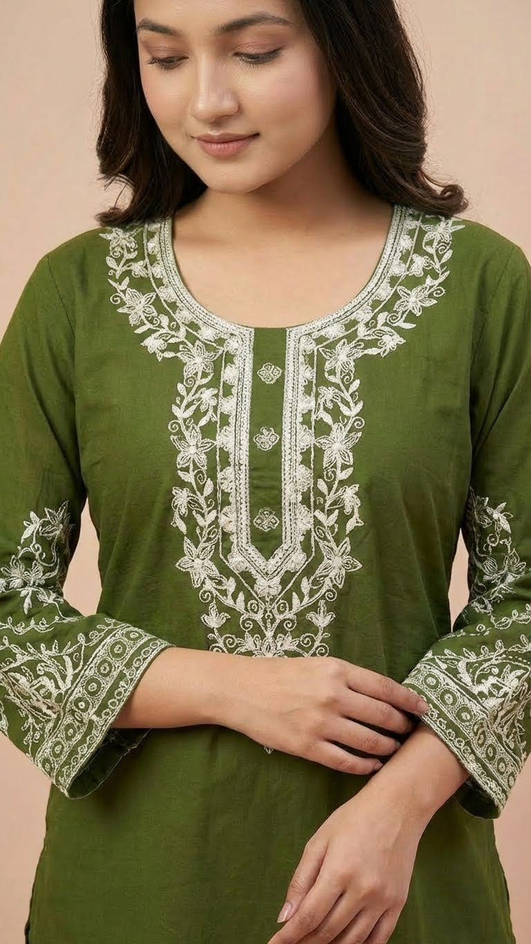 Olive Green Soft Cotton Short Kurti with Thread Embroidery
