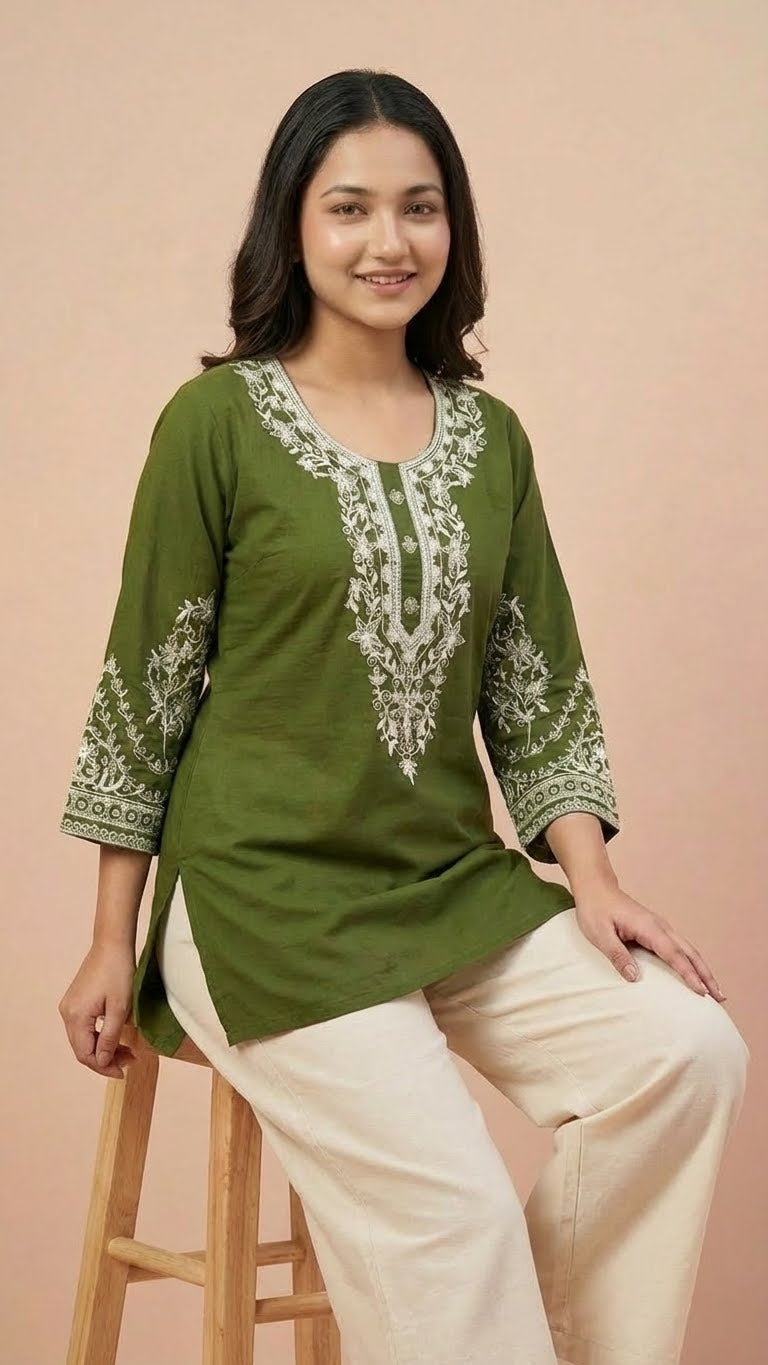 Olive Green Soft Cotton Short Kurti with Thread Embroidery