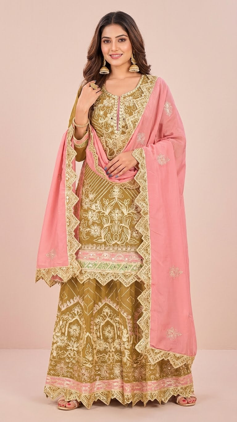 Mustard Gold Cosmos Silk Gota Patti Suit Set with Blush Pink Dupatta