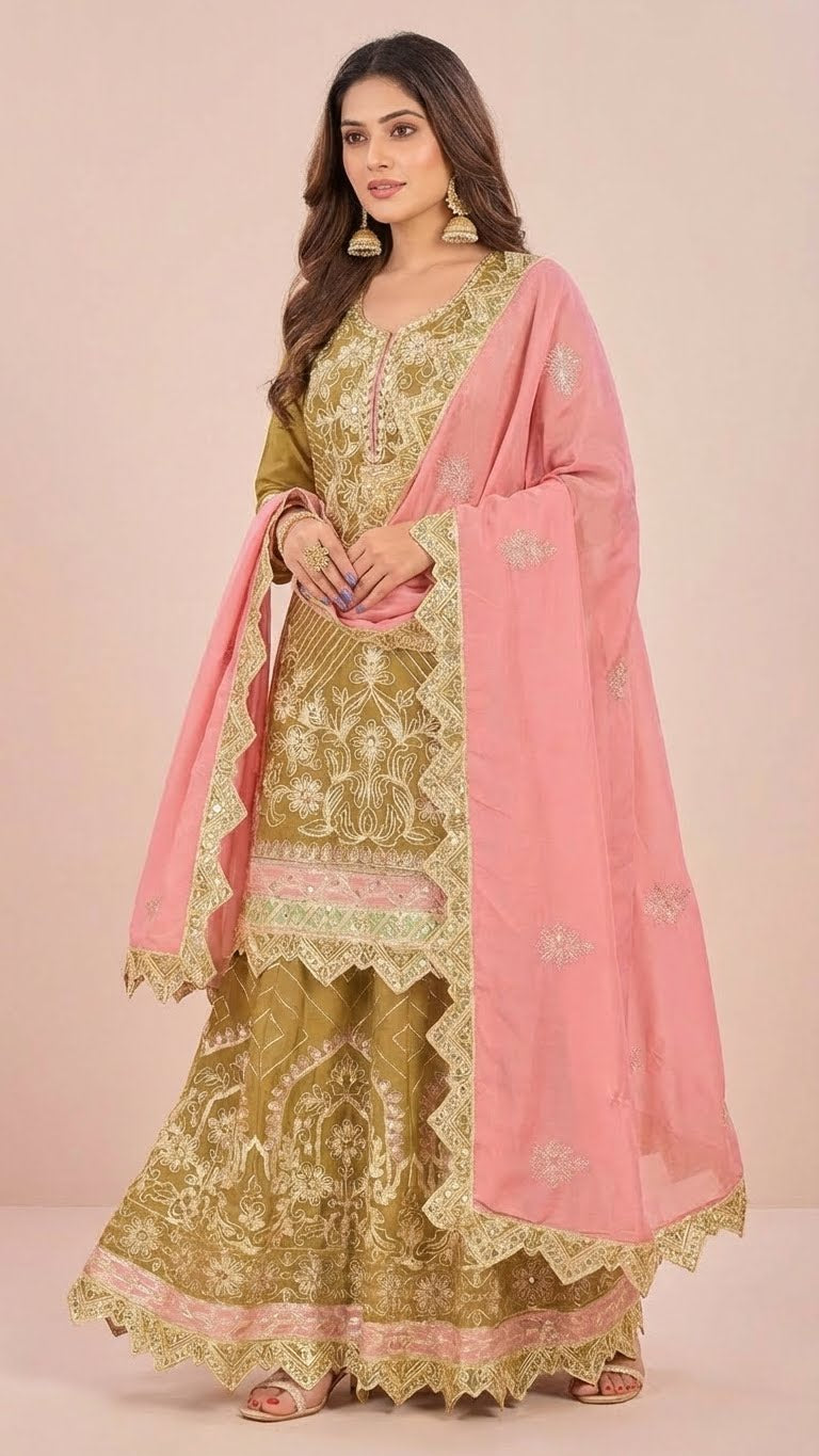 Mustard Gold Cosmos Silk Gota Patti Suit Set with Blush Pink Dupatta